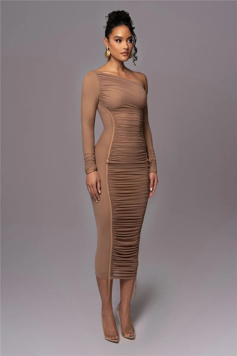 Diagonal Collar Long Sleeve Two Layer Mesh Backless Ruched Bodycon Midi Dress