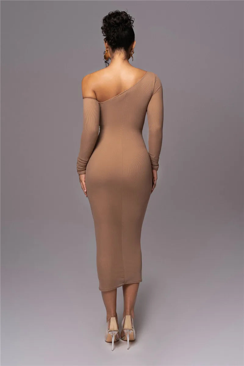 Diagonal Collar Long Sleeve Two Layer Mesh Backless Ruched Bodycon Midi Dress