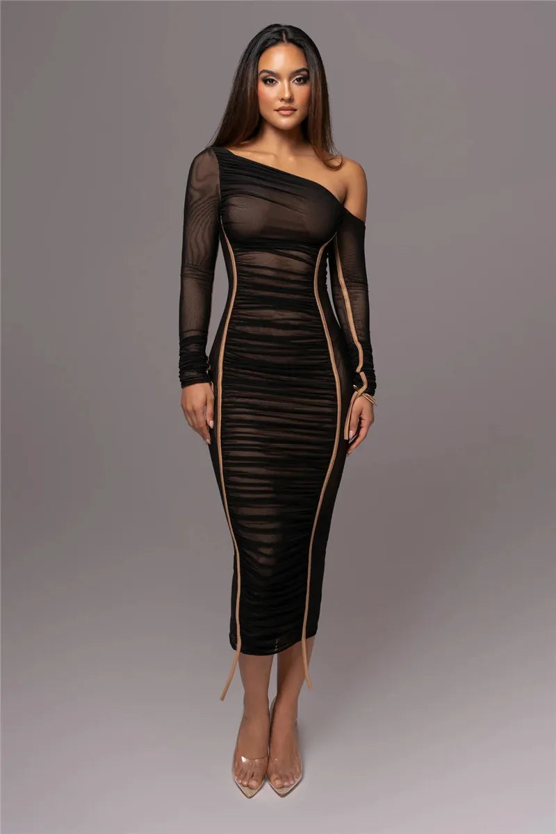 Diagonal Collar Long Sleeve Two Layer Mesh Backless Ruched Bodycon Midi Dress