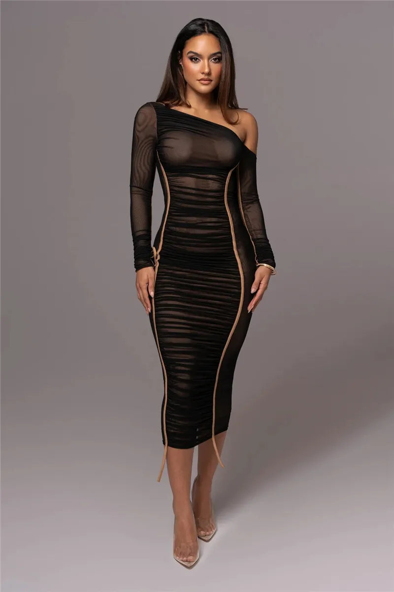 Diagonal Collar Long Sleeve Two Layer Mesh Backless Ruched Bodycon Midi Dress