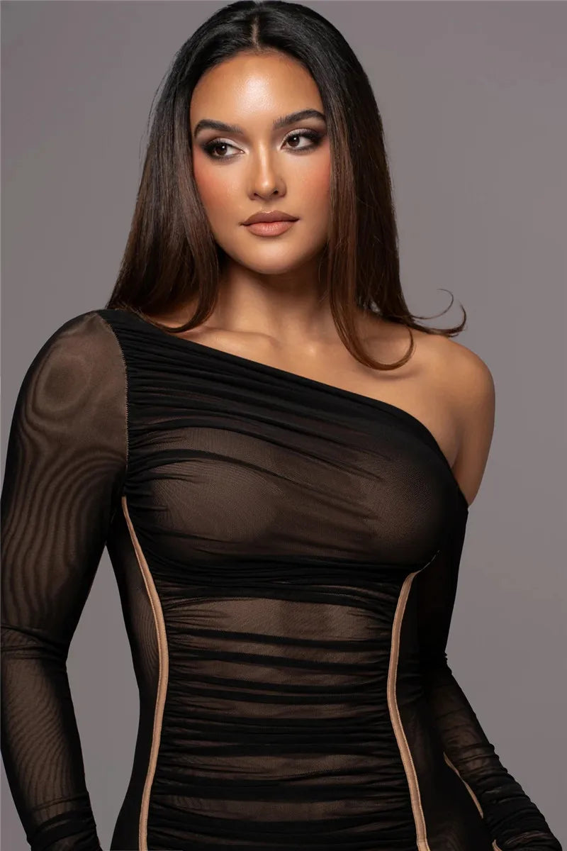 Diagonal Collar Long Sleeve Two Layer Mesh Backless Ruched Bodycon Midi Dress