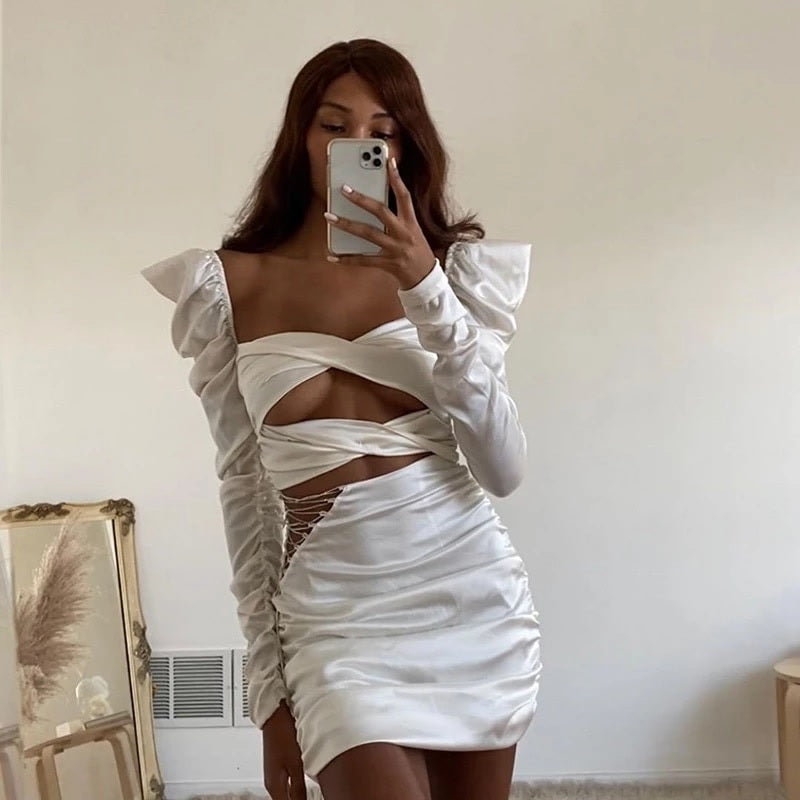 Diamond Ruched Lace Up Hollow Out Club Party Bodycon Dress