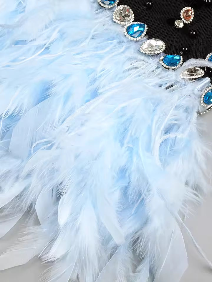 Diamonds Patchwork Feathers High Neck Rhinestones Long Sleeves Mini Dress