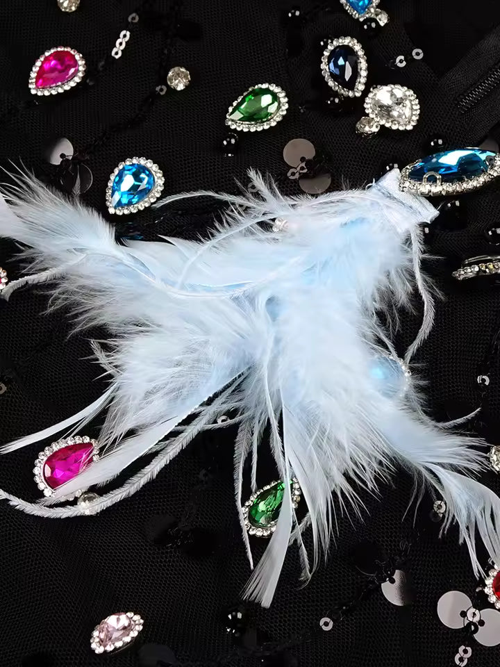 Diamonds Patchwork Feathers High Neck Rhinestones Long Sleeves Mini Dress