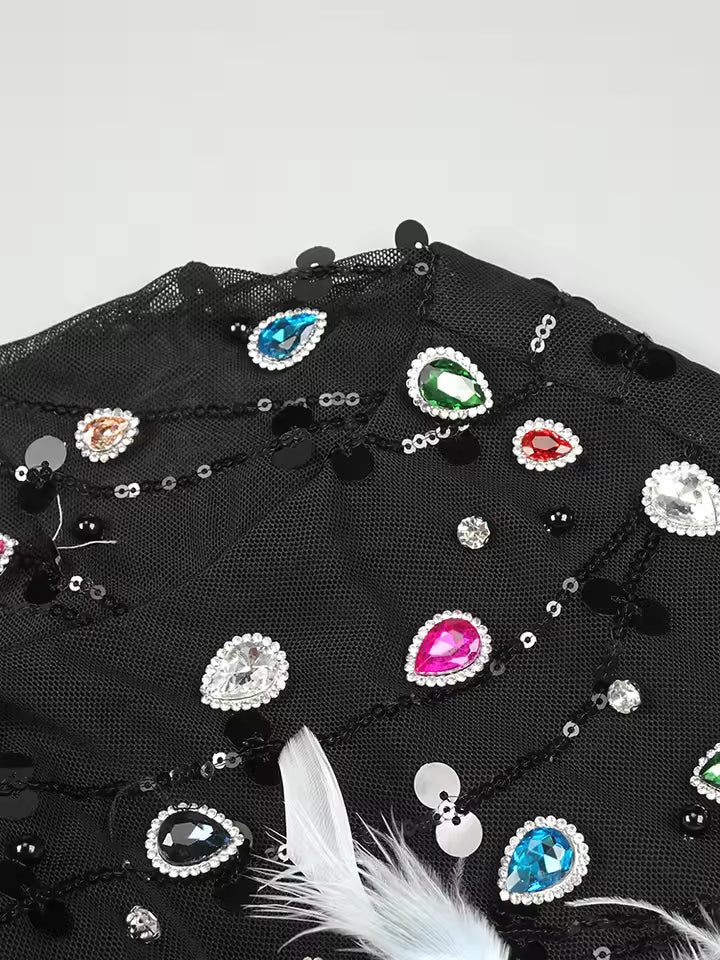 Diamonds Patchwork Feathers High Neck Rhinestones Long Sleeves Mini Dress