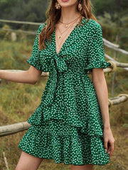Ditsy Floral V Neck Ruffles Printed Beach Mini Dress