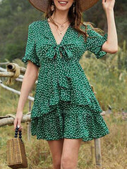 Ditsy Floral V Neck Ruffles Printed Beach Mini Dress