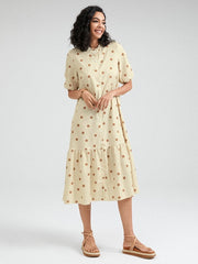 Dot Print Button Front Stand Collar Short Sleeve Dress