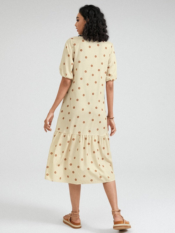 Dot Print Button Front Stand Collar Short Sleeve Dress