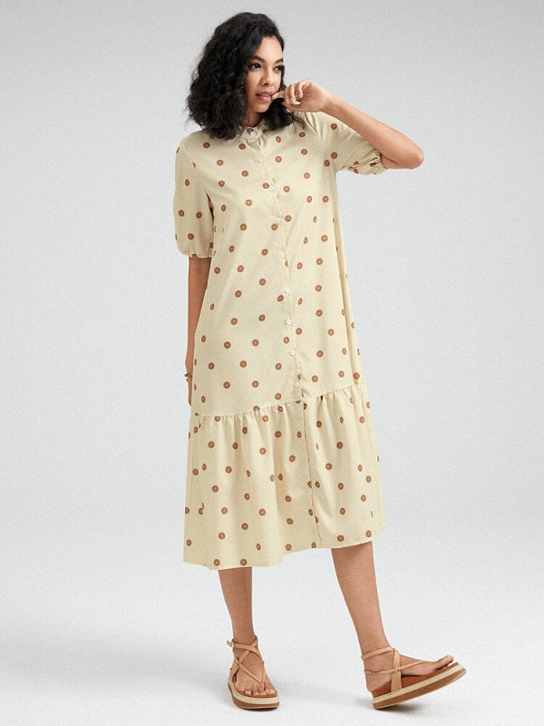 Dot Print Button Front Stand Collar Short Sleeve Dress
