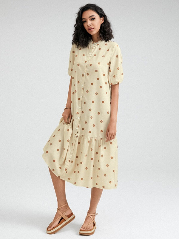 Dot Print Button Front Stand Collar Short Sleeve Dress