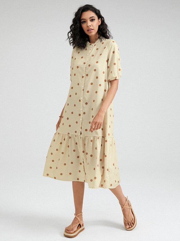 Dot Print Button Front Stand Collar Short Sleeve Dress