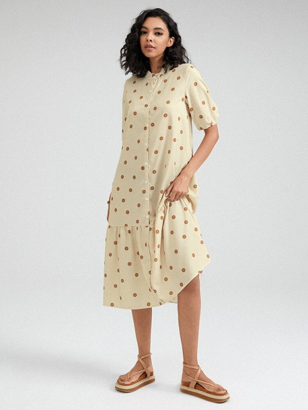 Dot Print Button Front Stand Collar Short Sleeve Dress
