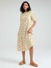 Dot Print Button Front Stand Collar Short Sleeve Dress