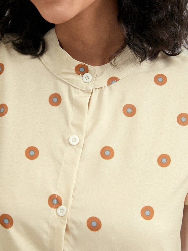 Dot Print Button Front Stand Collar Short Sleeve Dress