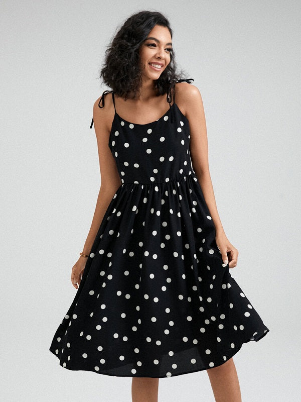 Dot Print Open Back Adjustable Tie Shoulder Strap Dress