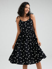 Dot Print Open Back Adjustable Tie Shoulder Strap Dress