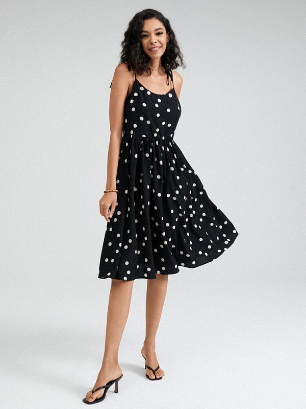 Dot Print Open Back Adjustable Tie Shoulder Strap Dress