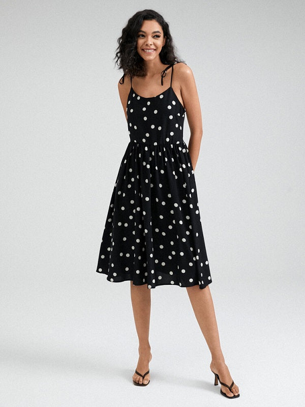 Dot Print Open Back Adjustable Tie Shoulder Strap Dress
