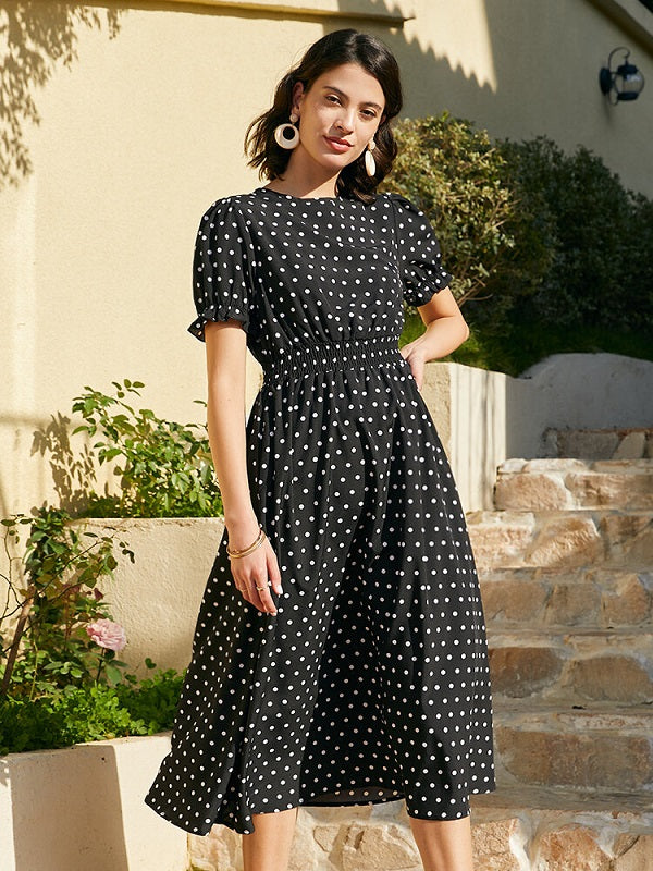 Dot Print Pocket Elastic Waist Retro Short Sleeve Dress