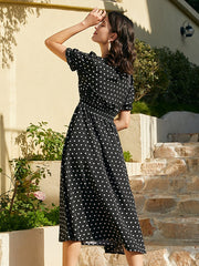 Dot Print Pocket Elastic Waist Retro Short Sleeve Dress