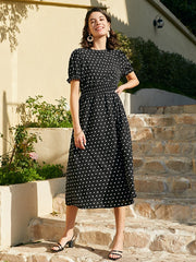 Dot Print Pocket Elastic Waist Retro Short Sleeve Dress