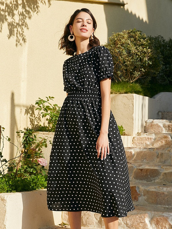 Dot Print Pocket Elastic Waist Retro Short Sleeve Dress