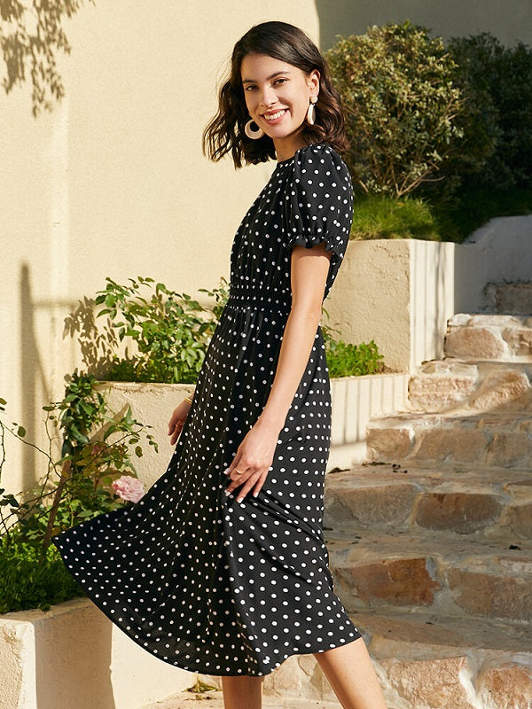 Dot Print Pocket Elastic Waist Retro Short Sleeve Dress
