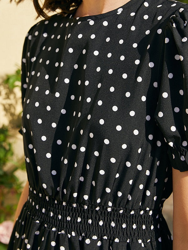 Dot Print Pocket Elastic Waist Retro Short Sleeve Dress