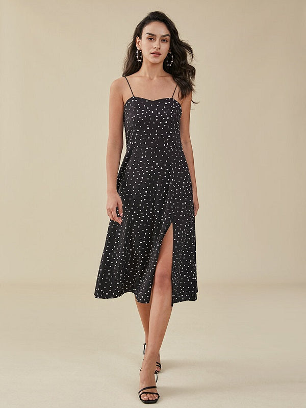 Dot Print Slit Open Back Spaghetti Dress