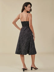 Dot Print Slit Open Back Spaghetti Dress