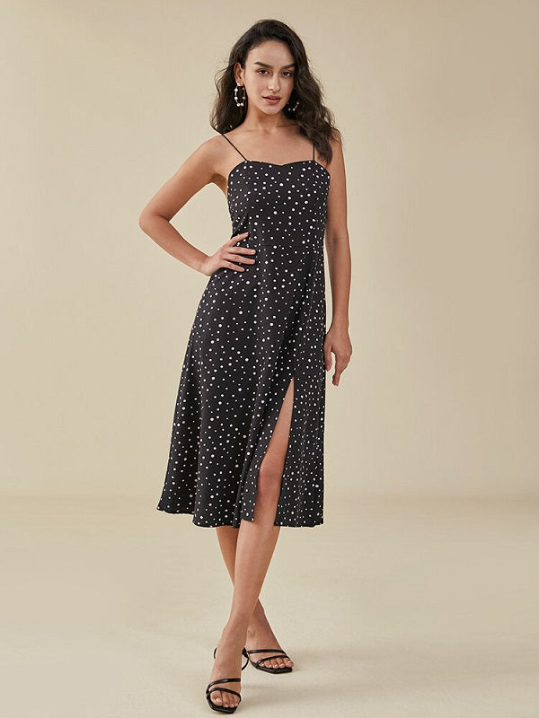 Dot Print Slit Open Back Spaghetti Dress