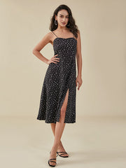 Dot Print Slit Open Back Spaghetti Dress