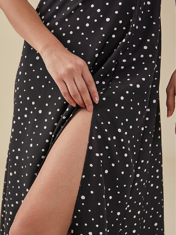 Dot Print Slit Open Back Spaghetti Dress