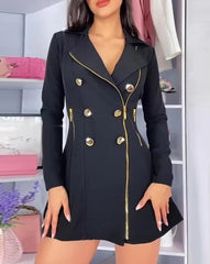 Double Breasted Buttoned Long Sleeve Zipper Pocket Design Notched Collar Office Lady Blazer Dress