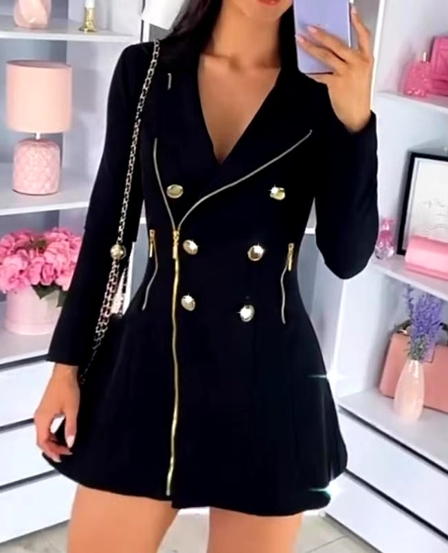 Double Breasted Buttoned Long Sleeve Zipper Pocket Design Notched Collar Office Lady Blazer Dress