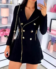 Double Breasted Buttoned Long Sleeve Zipper Pocket Design Notched Collar Office Lady Blazer Dress