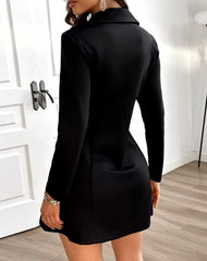 Double Breasted Buttoned Long Sleeve Zipper Pocket Design Notched Collar Office Lady Blazer Dress