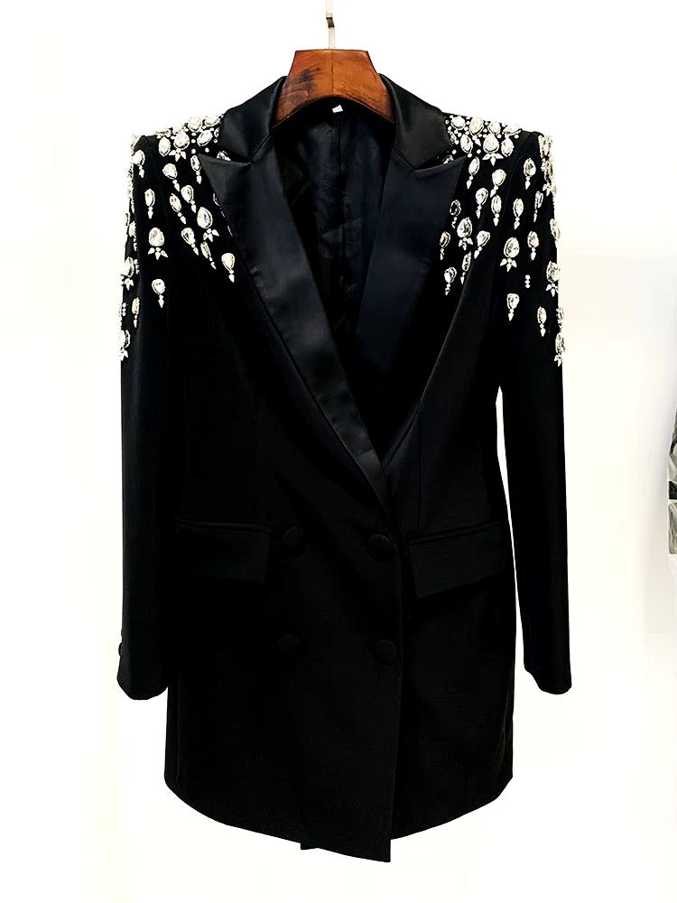 Double Breasted Rhinestone Diamonds Beaded Long High Street Designer Blazer Dress