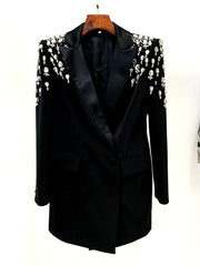 Double Breasted Rhinestone Diamonds Beaded Long High Street Designer Blazer Dress