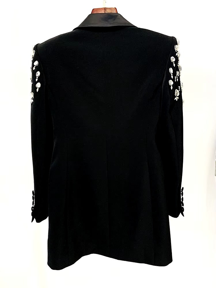 Double Breasted Rhinestone Diamonds Beaded Long High Street Designer Blazer Dress