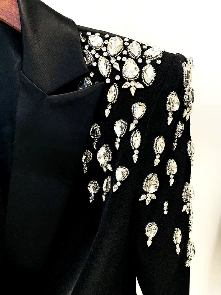 Double Breasted Rhinestone Diamonds Beaded Long High Street Designer Blazer Dress