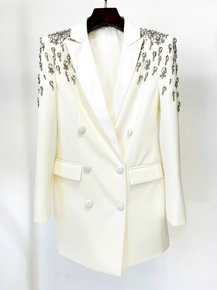 Double Breasted Rhinestone Diamonds Beaded Long High Street Designer Blazer Dress