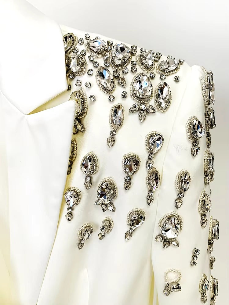 Double Breasted Rhinestone Diamonds Beaded Long High Street Designer Blazer Dress