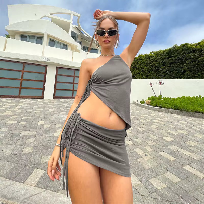 Drawstring Ruched Top and Skirt Club Party 2 Piece Set Outfits
