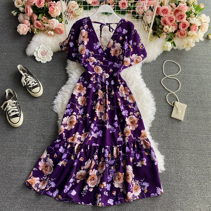 Dress for Women V-Neck Ruffles Lace-up Female Maxi Dresses Printing A-Line