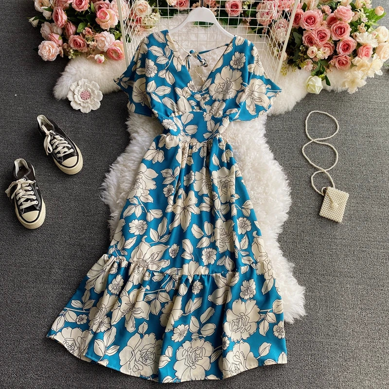 Dress for Women V-Neck Ruffles Lace-up Female Maxi Dresses Printing A-Line