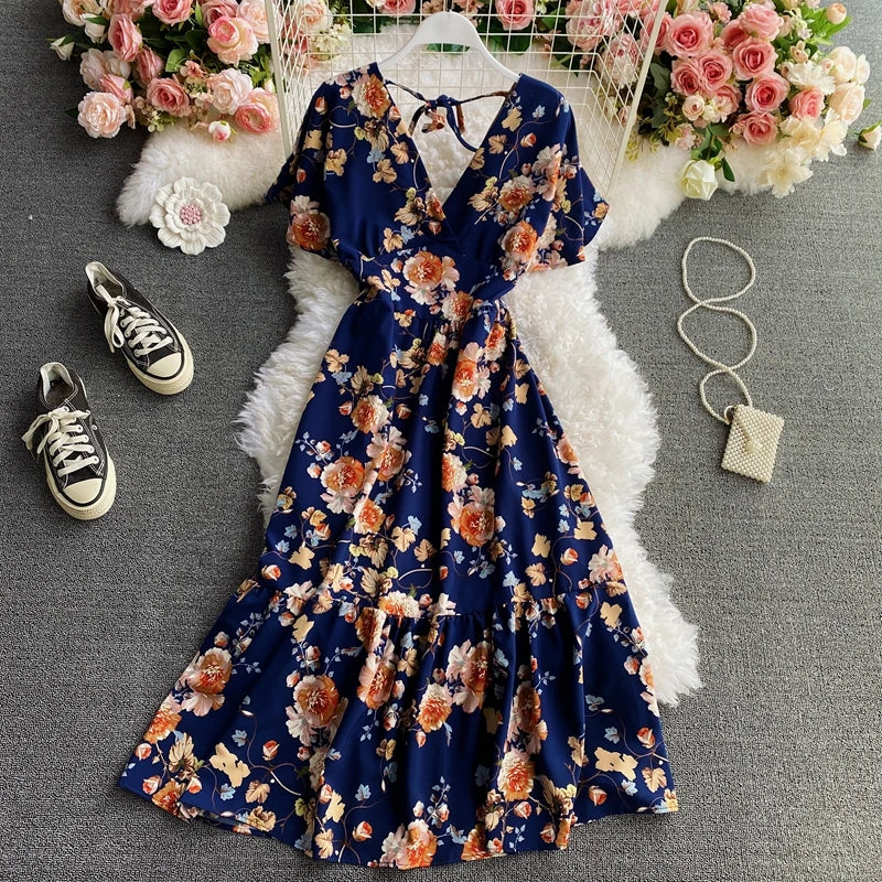 Dress for Women V-Neck Ruffles Lace-up Female Maxi Dresses Printing A-Line