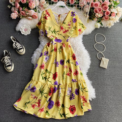 Dress for Women V-Neck Ruffles Lace-up Female Maxi Dresses Printing A-Line