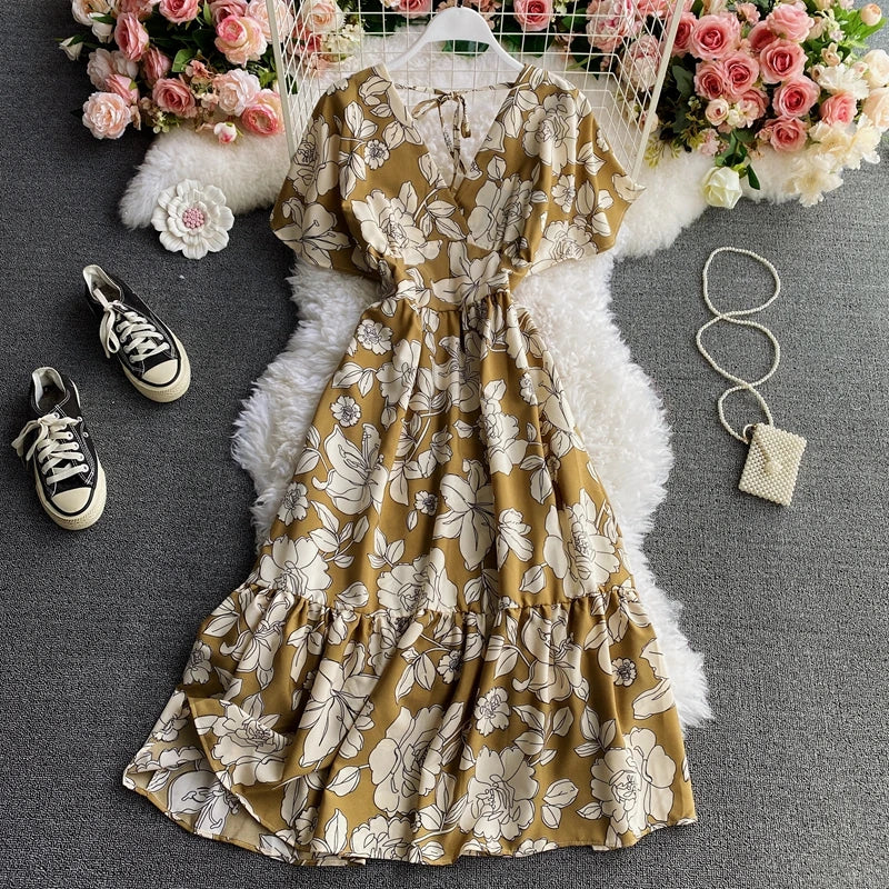 Dress for Women V-Neck Ruffles Lace-up Female Maxi Dresses Printing A-Line